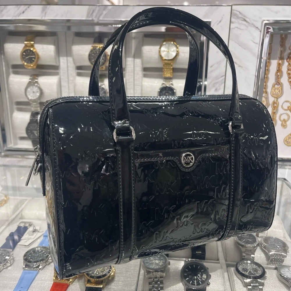 MICHAEL KORS Jet Set Medium Patent Logo Debossed Duffel Crossbody Bag Silver NWT